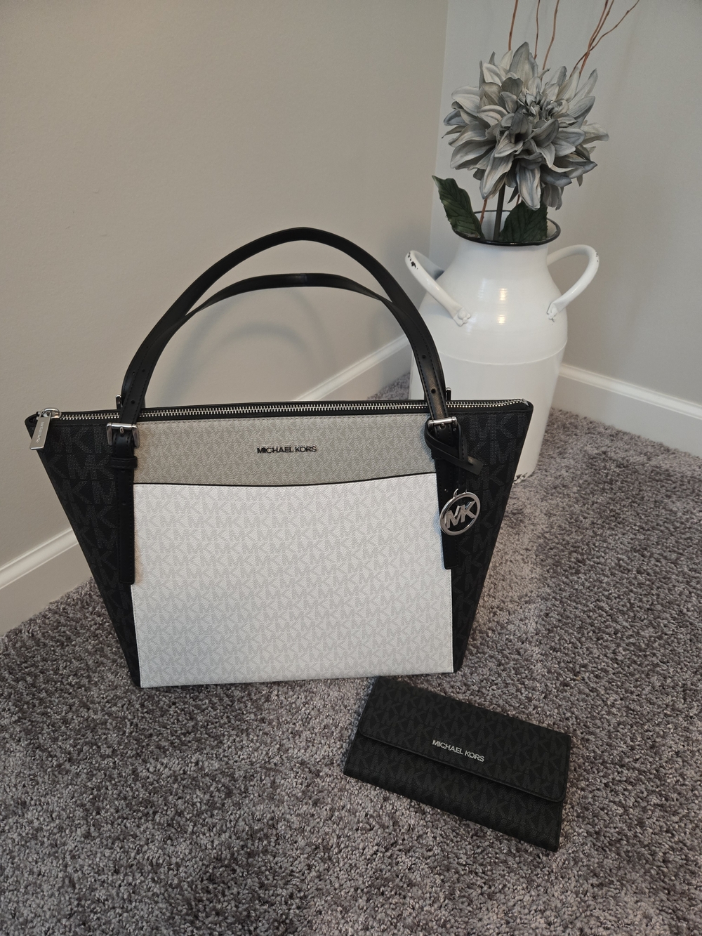 Michael Kors Two-Tone Signature Tote in Black, White & Gray